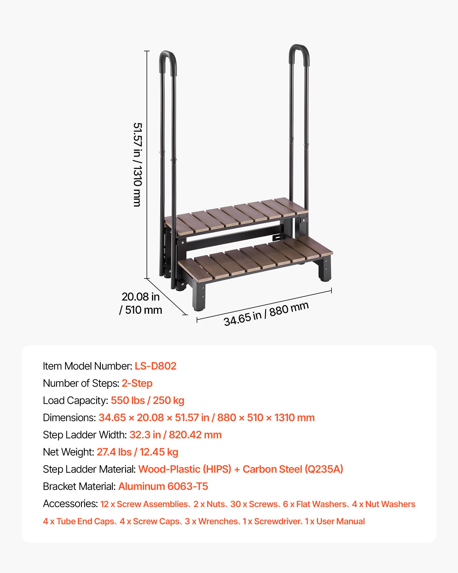 VEVOR Scaletta per Vasca Idromassaggio 2 Gradini da Esterno Carico 250kg | Struttura in Acciaio e HIPS, Corrimano, Piscina Fuori Terra Gonfiabile Camper, Gradino Larghezza 820mm, Scaletta Antiscivolo