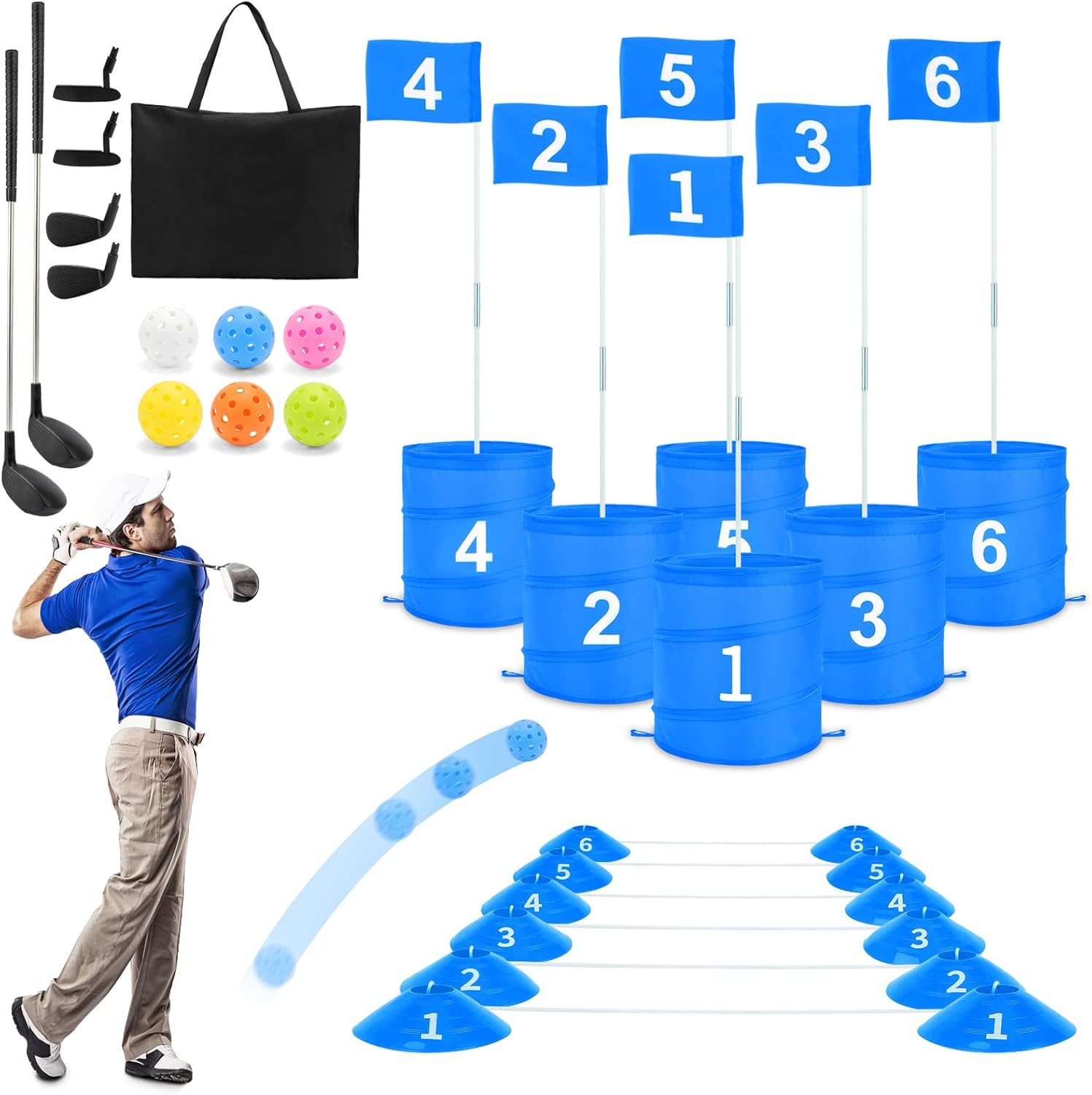 deAO Golf Yard Game Backyard Games for Kids Adults, Portable 6 Holes Golf Course with Balls and Flag, for Outdoor Indoor Lawn Park Camping Beach (Blue)