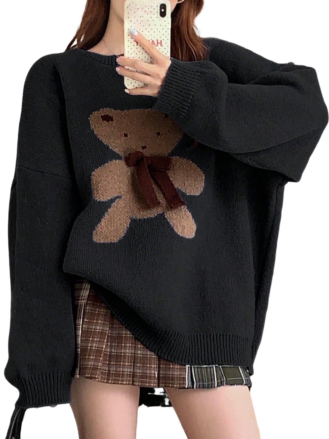 Urchics Womens Long Sleeve 1pc Casual Oversized Crew Neck Cartoon Bear Sweater Pullover Tops