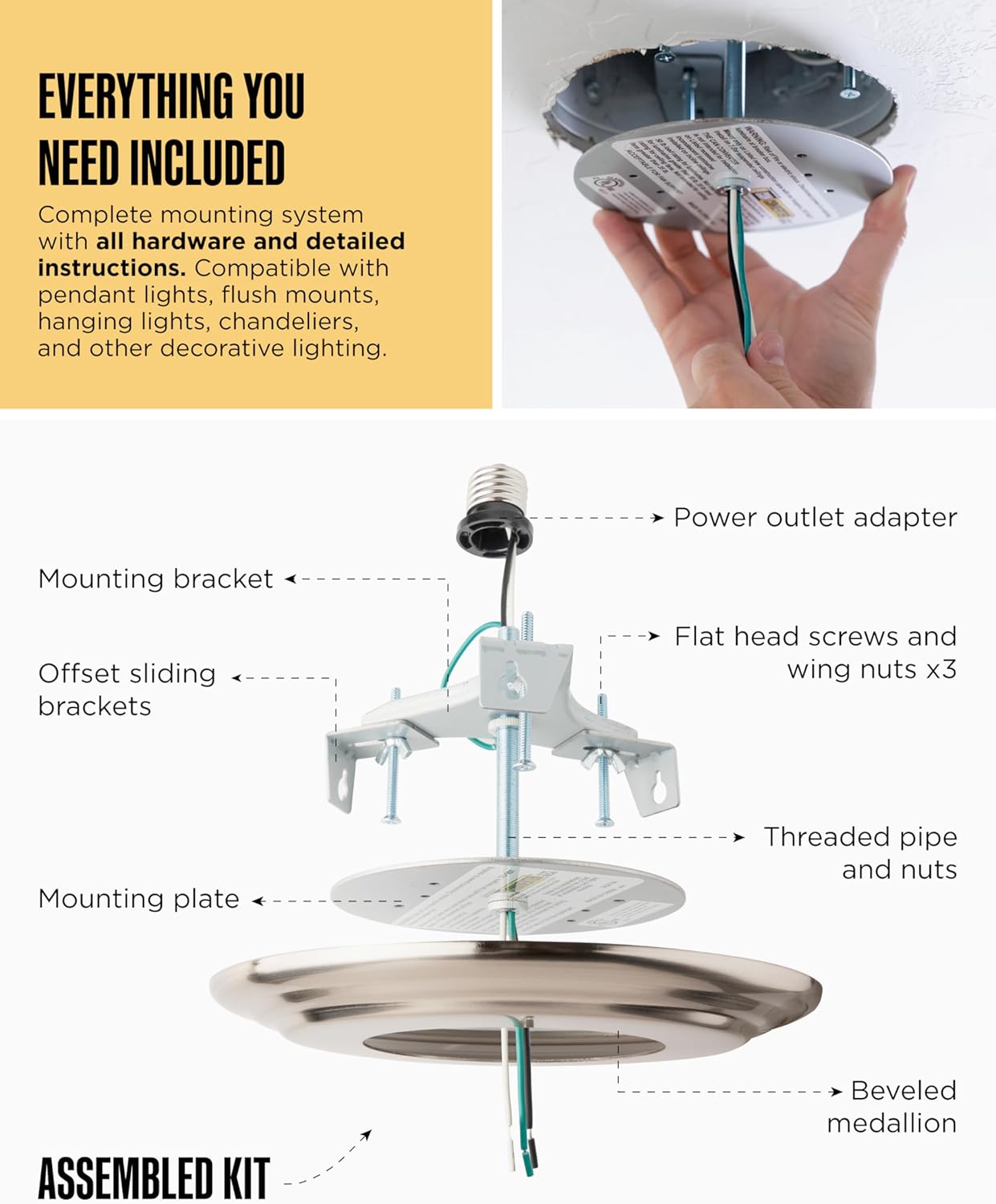 The Can Converter R56 Recessed Can Light Conversion Kit w/ 7"¾ Beveled Ceiling Medallion - Home Improvement for 5" & 6" Cans, Ceiling Fan & Light Fixture Converter Kit, UL Certified, Brushed Nickel