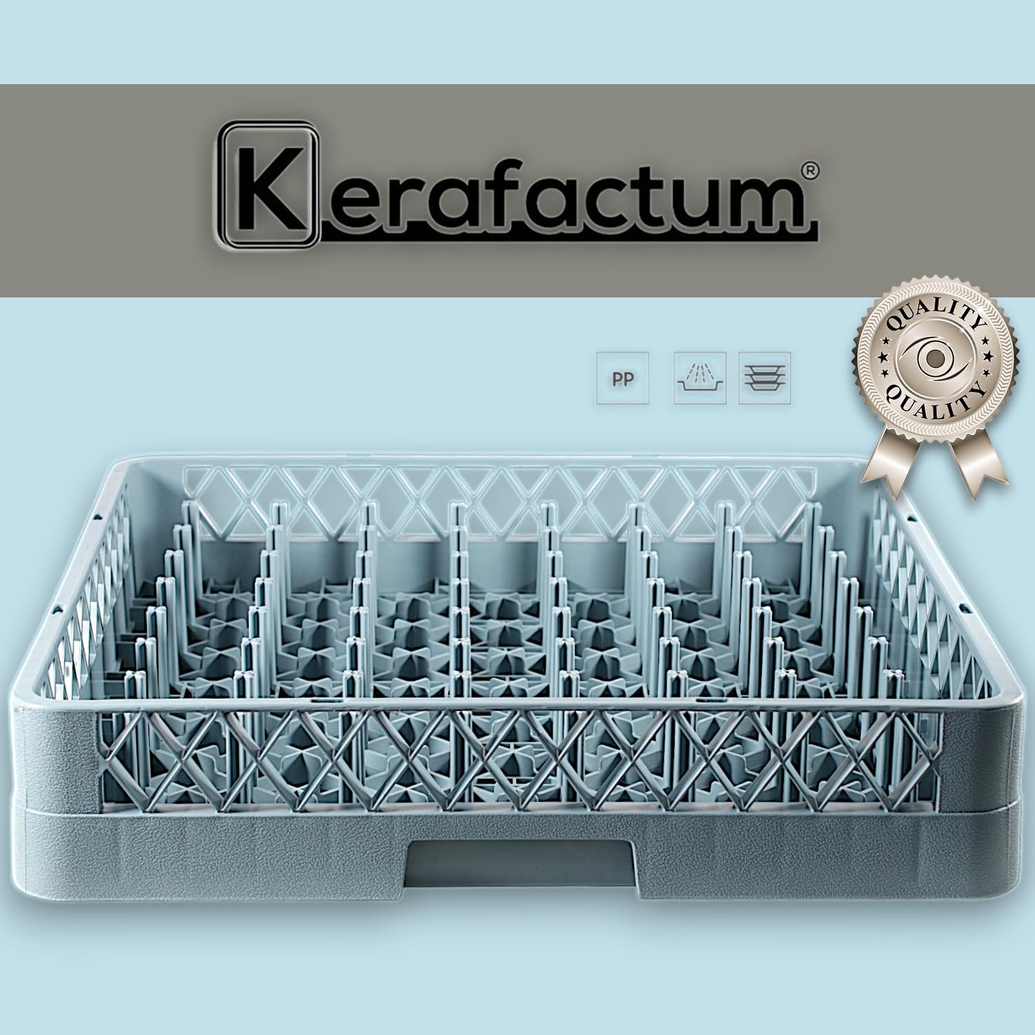 Kerafactum Panier lave-linge avec 64 doigts pour assiette et verres, tasses pour machine à laver Gastro Grille universelle en plastique 50 x 50 cm