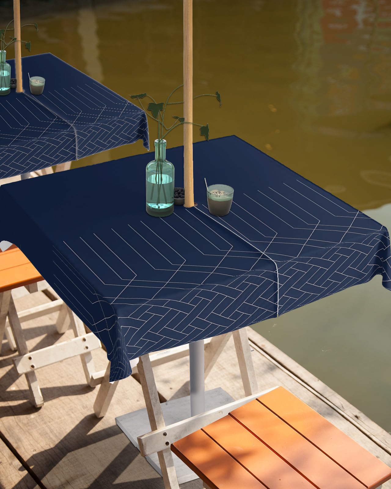 Navy Blue Outdoor Square Tablecloth with Umbrella Hole 54x54, Wrinkle Free Wipeable Fabric Table Cloth Waterproof Zippered Cover for Camping Picnic Patio Party, Abstract Minimalistic Geometric Stripes