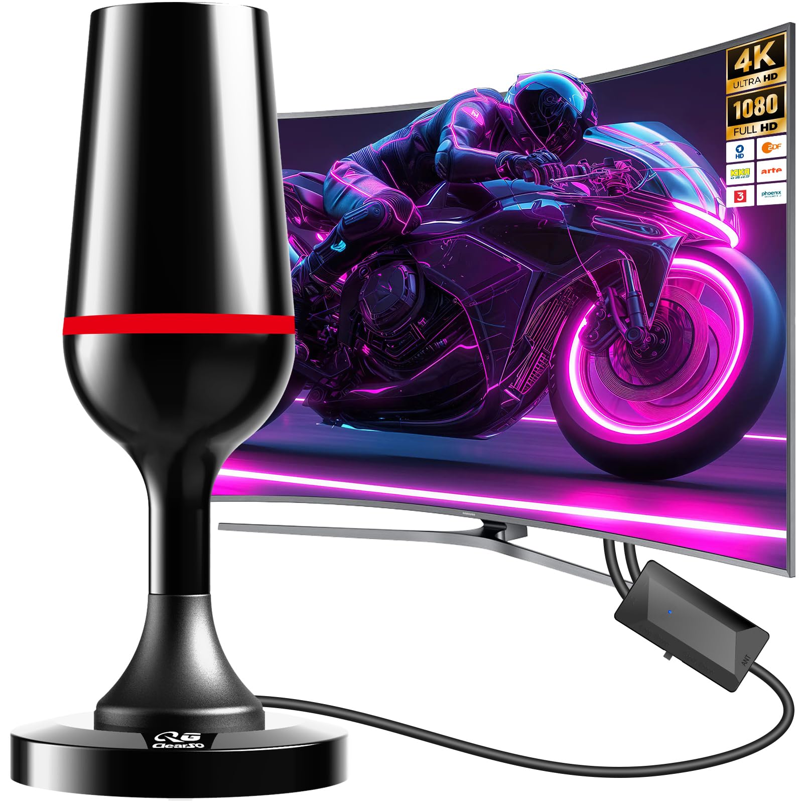 Antenna TV Interna Amplificata Potente, QGClearSO Antenna TV Interna con Base Magnetica Stabile, Ricezione Omnidirezionale 360°, Compatibile con TV 4K/1080P per Canali Locali