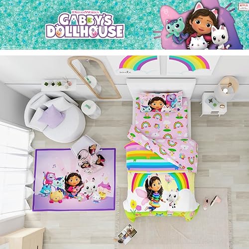 Miniatura 7 de Franco DreamWorks Gabby's Dollhouse Cakey, Mercat and Pandy - Juego de sábanas y edredón súper suaves para niños, 5 piezas, tamaño matrimonial,