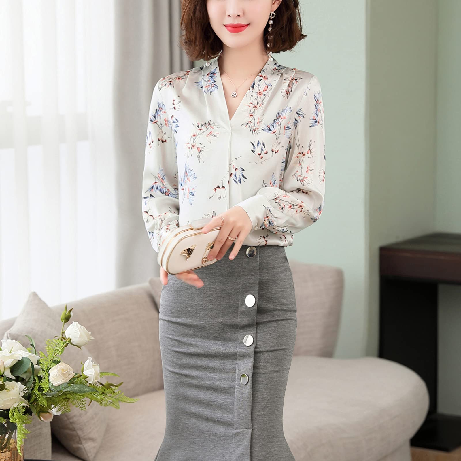 Valin Blusa de seda para mujer con estampado de puente, blusa de manga larga con cuello en V, blusa de seda,S1922