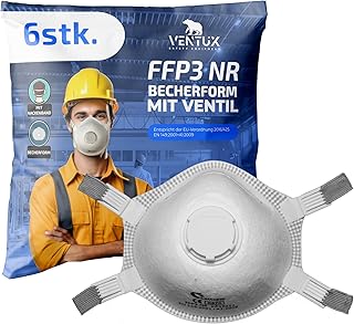 6X VENTUX FFP3 NR Atemschutzmaske – Becherform mit Ausatemventil, CE 0370 zertifiziert nach EN 149:2001+A1:2009 – Professionelle Partikelschutzmaske für Industrie, Handwerk und Gesundheitswesen