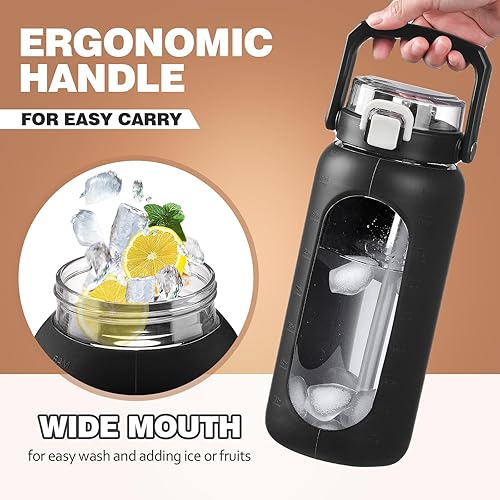 Miniatura 5 de BLUEGO Botella de agua de vidrio de 64 onzas con asa y pajilla, botella de agua deportiva motivacional con marcador de tiempo y funda de silicona,