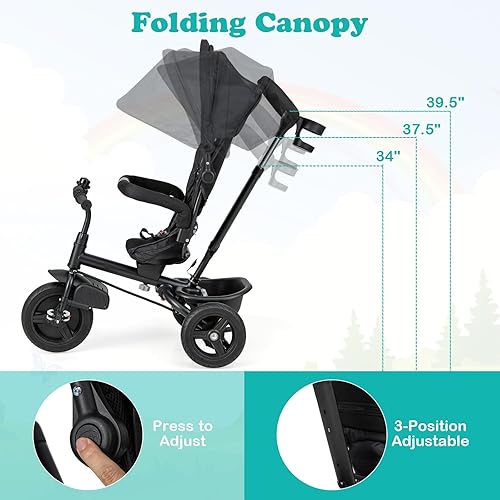 Miniatura 5 de HONEY JOY Triciclo, cochecito 5 en 1 para niños con asa de empuje ajustable y toldo, asiento reversible, cinturón de seguridad, pedal plegable,