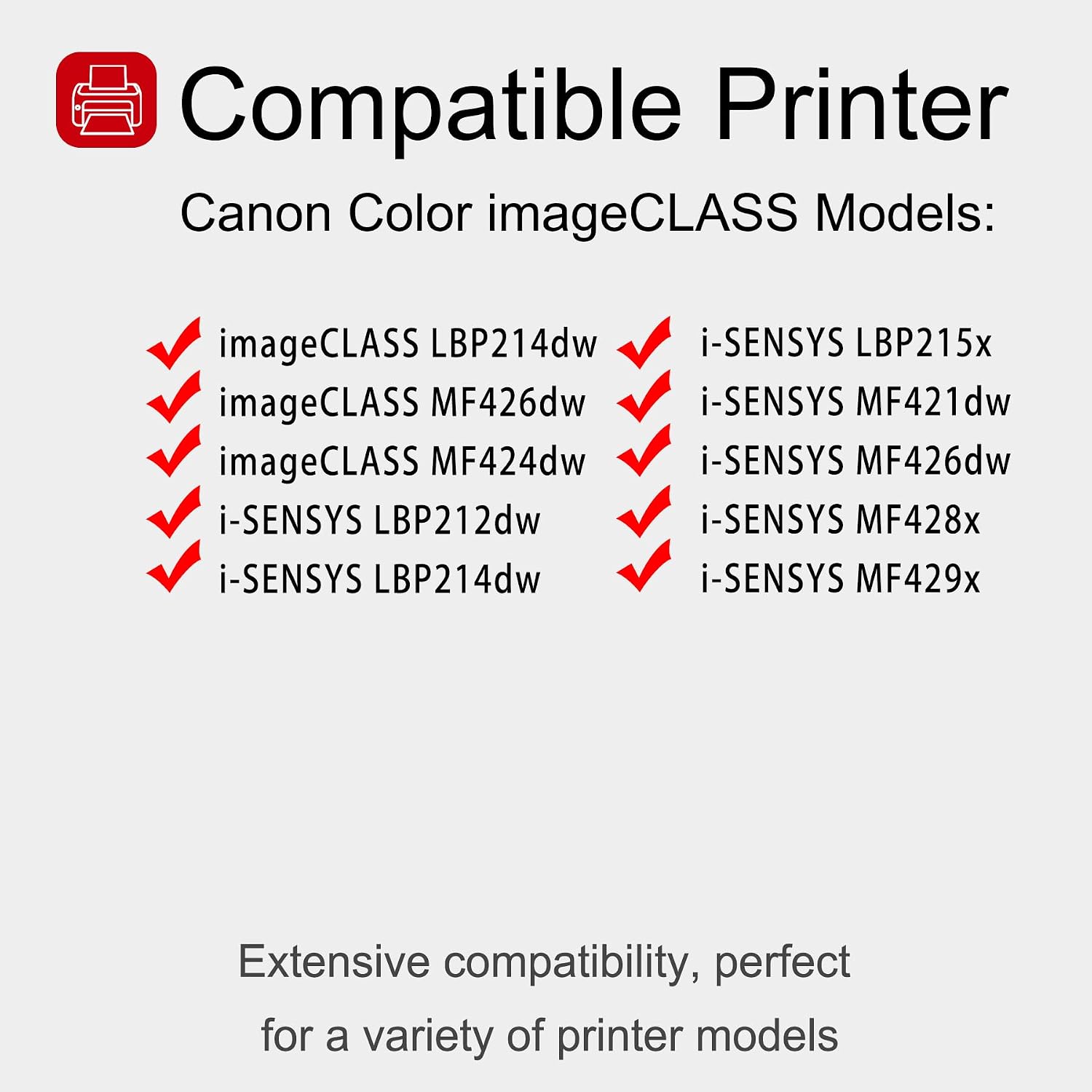 List of compatible Canon printer models for 052 toner cartridge.