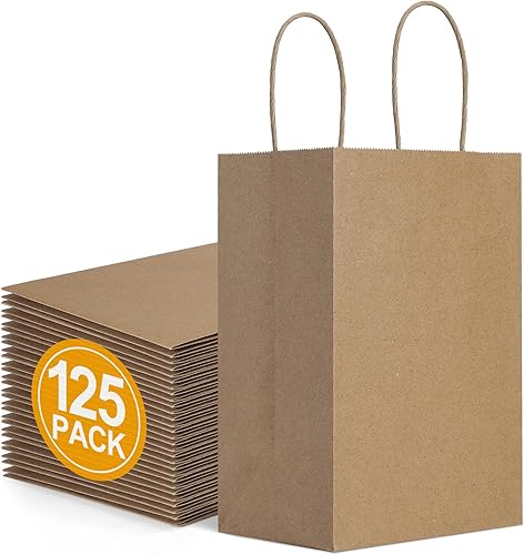 Miniatura 1 de BagDream Paquete de 125 bolsas de regalo pequeñas de 5.25 x 3 x 8 pulgadas, bolsas de papel marrón con asas, bolsas de regalo de papel kraft a