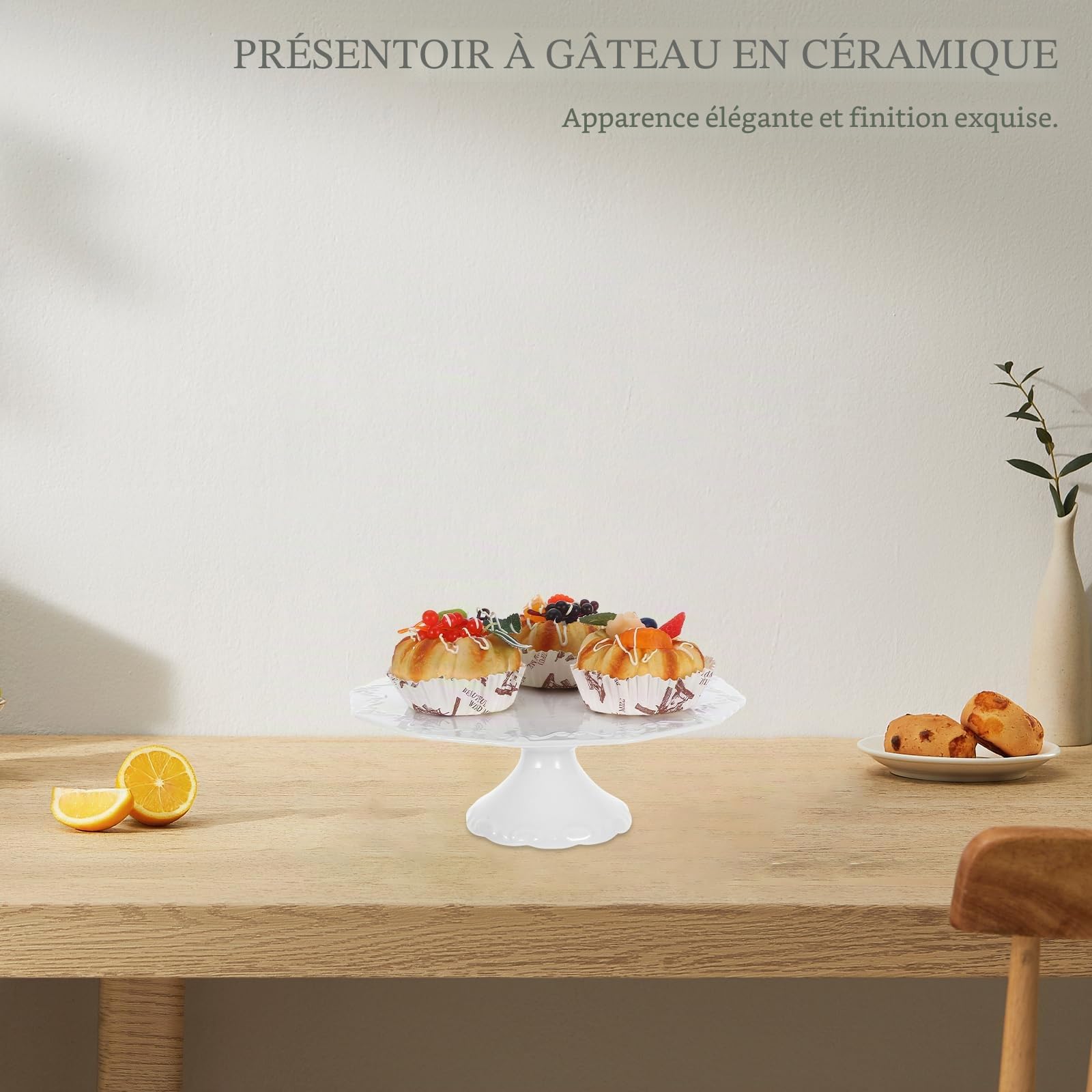 DOITOOL Présentoir à gâteau rond en céramique de 25 cm avec support de fruits en relief pour cupcakes, desserts, biscuits, fruits, bonbons, fêtes, mariages