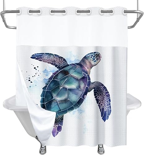 Vista 187 de Cortina de ducha de tortugas marinas, temática náutica de playa, verde y verde azulado, sin ganchos, punto gofre y forro desmontable, decoración