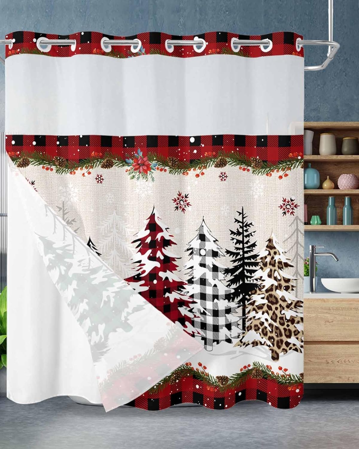 Christmas No Hooks Shower Curtain Liner, Merry Xmas Tree Snowflake Buffalo Plaid Linen Texture Waterproof Shower Curtains with Magnets, Top See Through Window Washable Rustic Shower Curtain 72"x72"