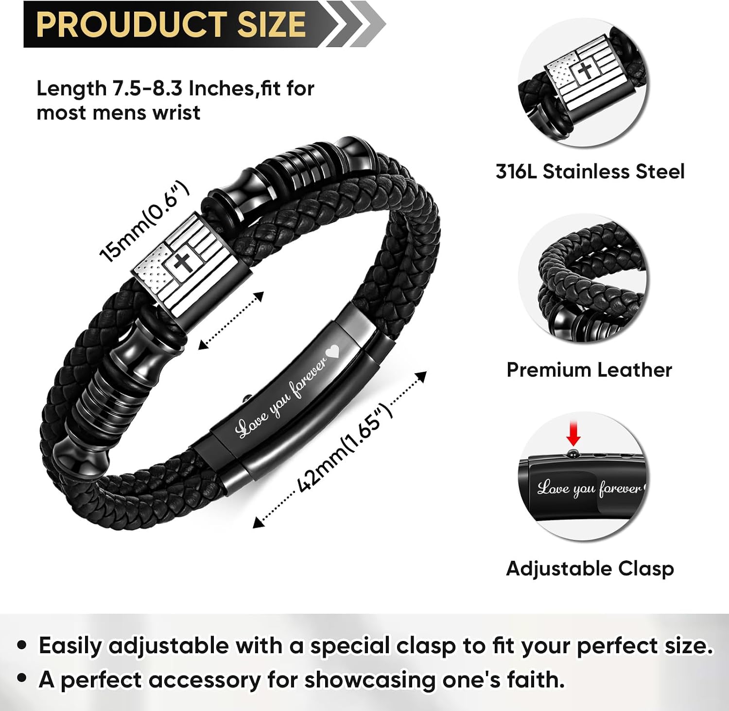 VNOX Cross Bracelet for Men - Double-Row Braided Leather Faith Bible Verse American Flag Bracelets for Men Jewelry Gift Religious Baptism Easter Gifts for Young Men Teenage,Adjustable Wristband