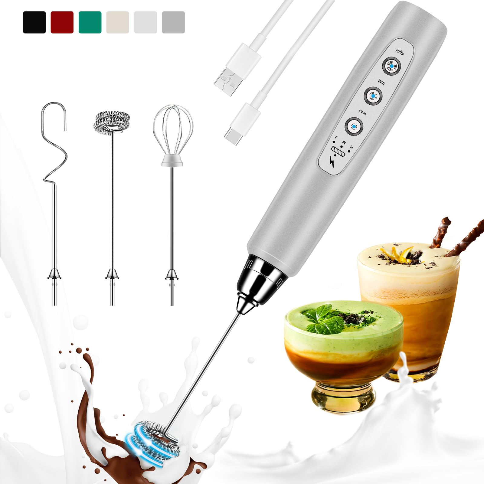 Colarlemo Milk Frother Handheld Rechargeable Frother Wand Drink Mixer Electric Whisk for Coffee Detachable With 3 Stainless Whisks
