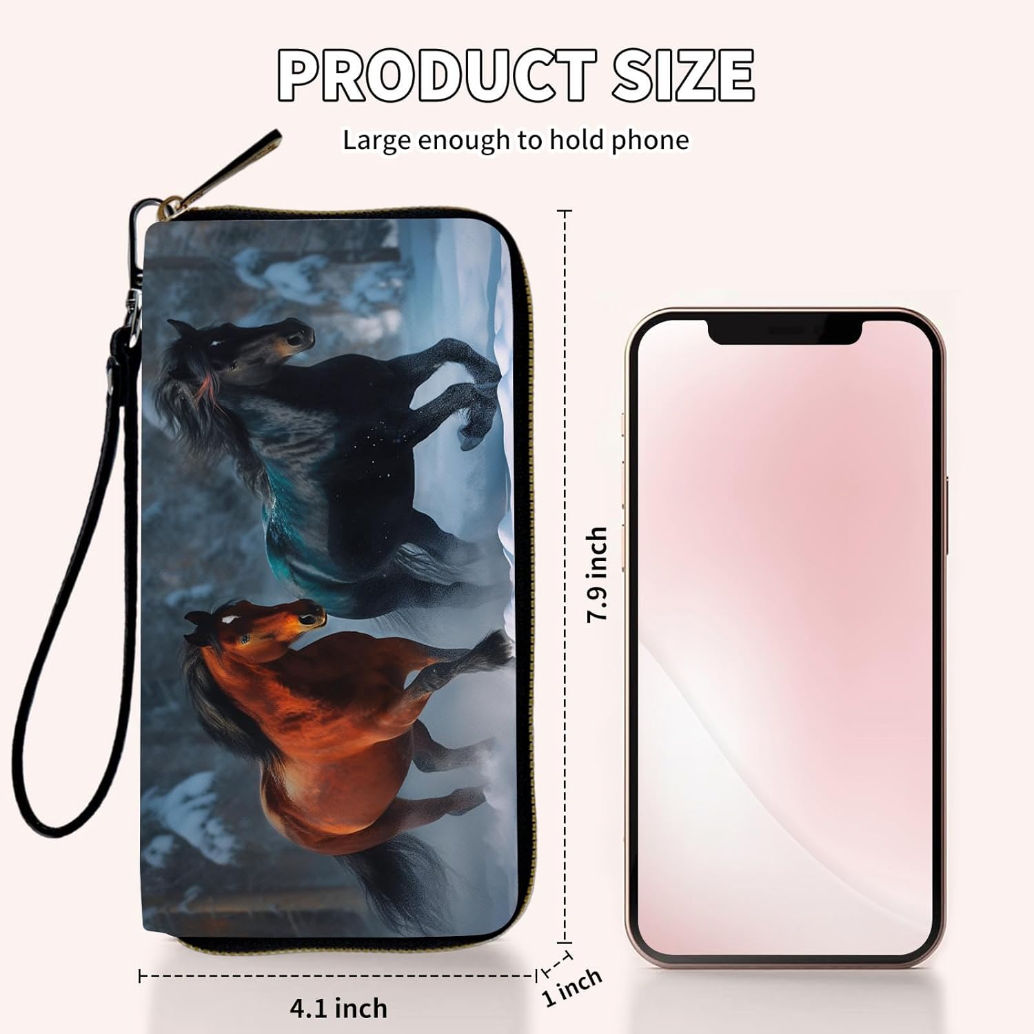 Ladies Wallet,Clutch Purses for Women Wallets Leather Credit Card Holder for Women Wristlet Slim Small Cute with Zipper,Thin RFID Blocking with Wrist Strap,Black Red Horse - Image 3