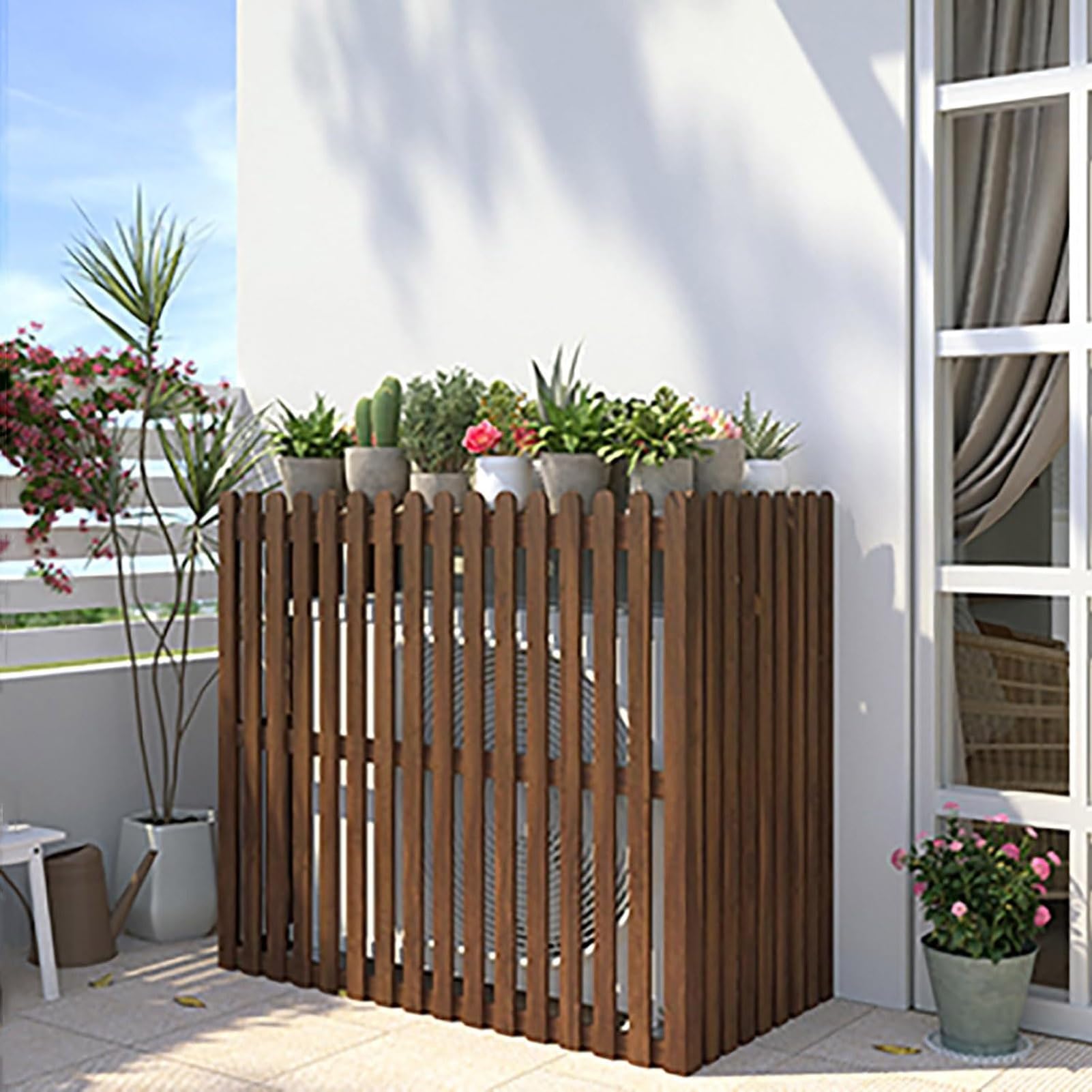 Cadre de support de fleur en bois et cache climatiseur extérieur pour terrasse