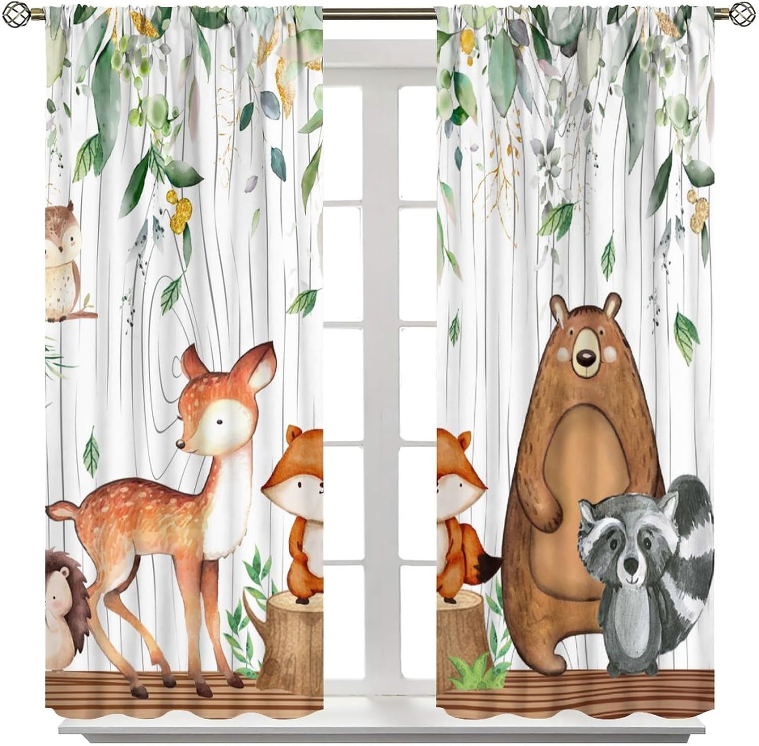Forest Animal Curtains, Watercolor Wild Animal Bear Fox Deer Kids Window Treatments for Living Room Bedroom,Green Woodland Tree Kids Drapes 2 Panel Sets,42x54 Inch