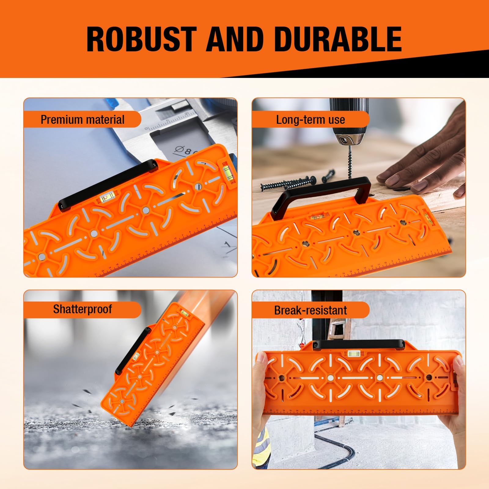 Plantilla de Taladro para Enchufe 71 mm – Caja Empotrada y Paredes Secas – Nivel de Burbuja y Regla Integrada, Herramienta de Precisión para Instalación Eléctrica(Naranja)