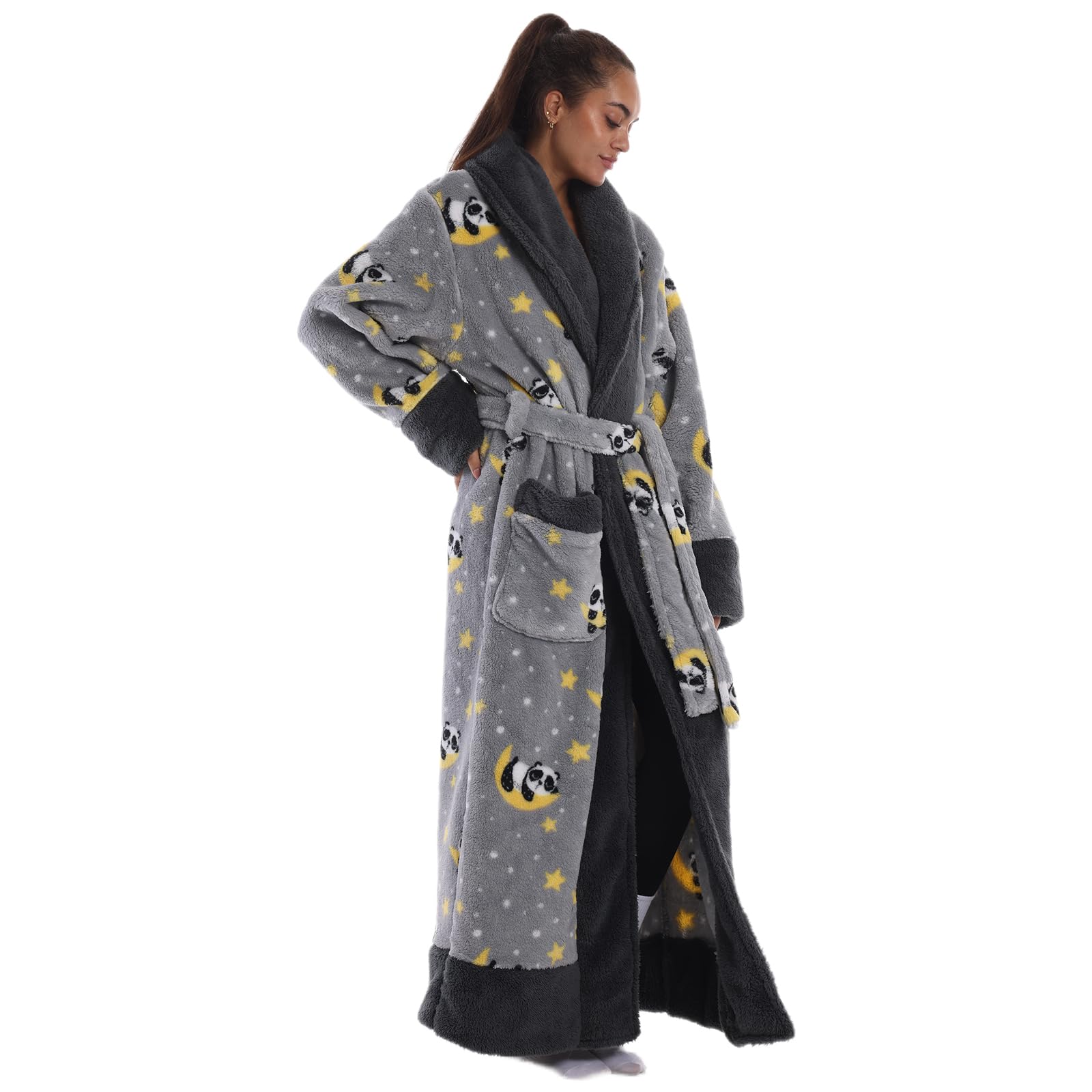 Peignoir de Bain Long en Flanelle Épaisse et Douce 140 cm sans Capuche - Robe de Chambre Chaud avec Poche et Ceinture - Taille Unique pour Femme, Homme - Cadeau Maison Spa