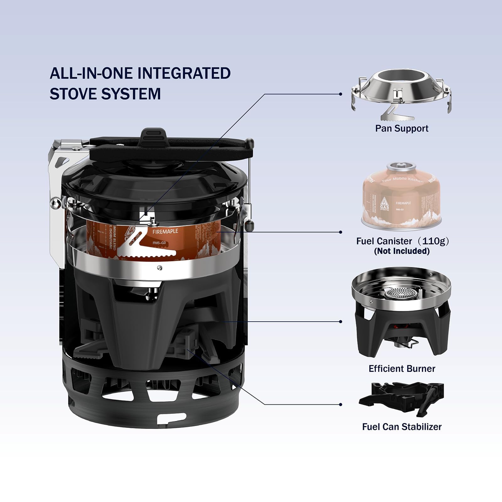 Fire-Maple FMS-X3 Réchaud Camping Gaz 0,8L, Réchaud portable à Allumage électrique+Support Casserole+Stabilisateur, Brûleur à Jet Systeme pour Randonnée et Trekking (Noir)