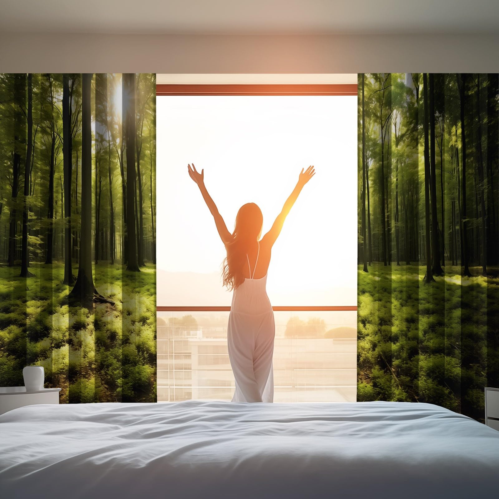 Generisch Vorhänge Natürliche Landschaft Gardinen Verdunkelung Blickdicht mit Ösen für Schlafzimmer H 245 x B 100 cm (2er Pack), Wald Wiese Sonne Bedruckte ThermoVorhang für Wohnzimmer