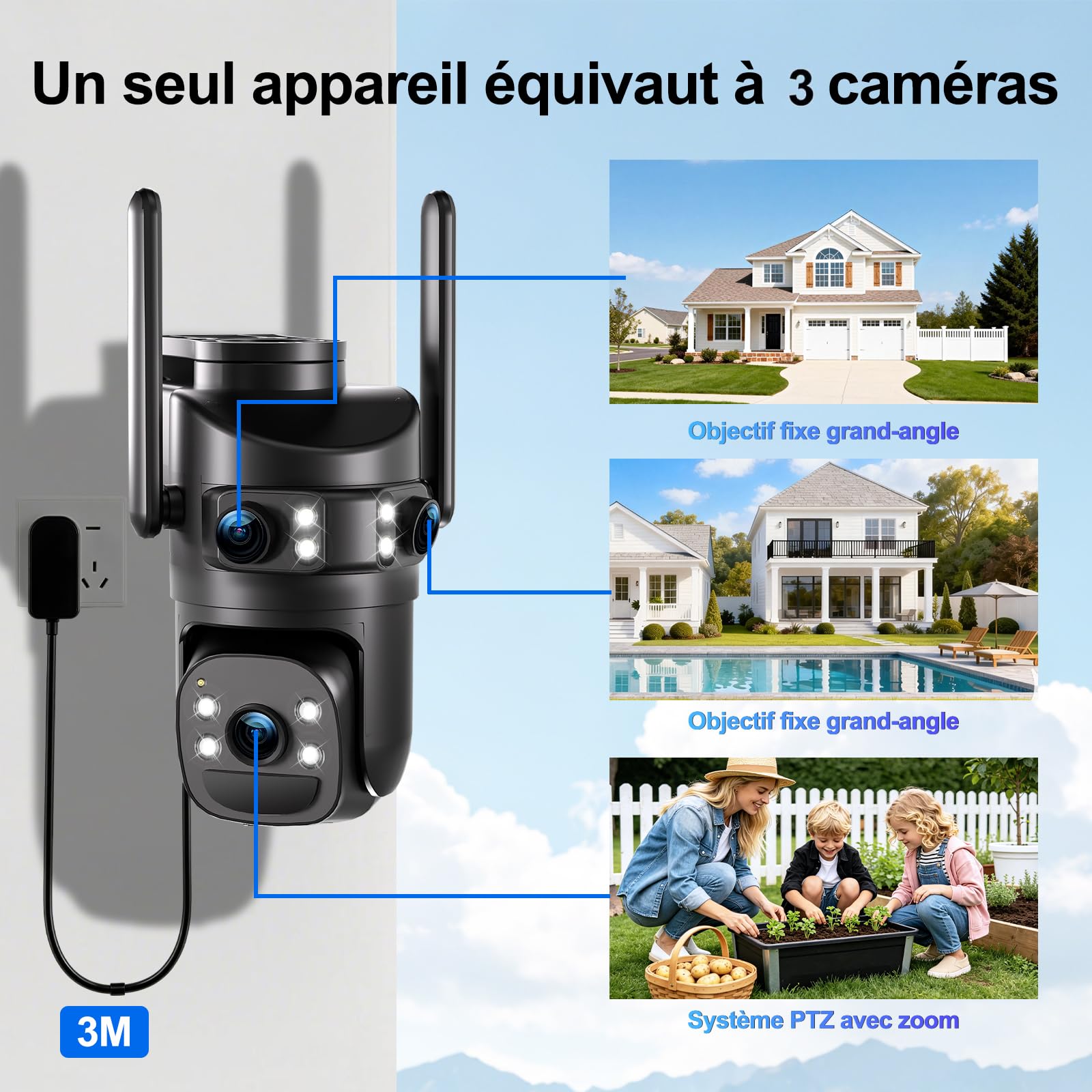 4K Caméra de Surveillance WiFi Extérieure,Triple Objectif Camera Extérieur | 360° PTZ Sécurité à Domicile,Suivi Automatique,Vision Nocturne Couleur,Audio Bidirectionnel,IP66