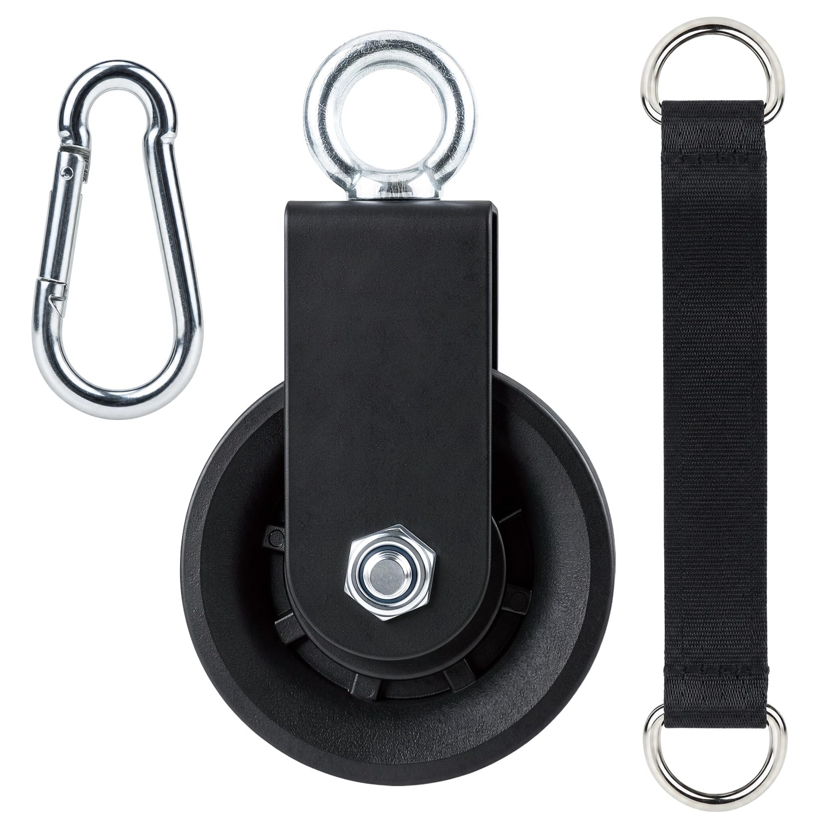 90mm Umlenkrolle Seilrolle mit Hängegurt Karabiner, 360° Schwenkbar Kabel Pulley für Schaukelzubehör Wäscheleine Latzugstange Seilzug Fitness DIY Heim-Fitnessgeräte | Hochwertige Materialien,360°-Drehmechanismus,Geräuscharmer Betrieb