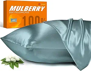 100% Mulberry Silk Pillowcase for Hair and Skin, 22 Momme Pure Natural Silk Pillow Case Both Sided with Zipper, Pillow Cover for Women Mom Men (Airy Blue, Queen 20''×30'')