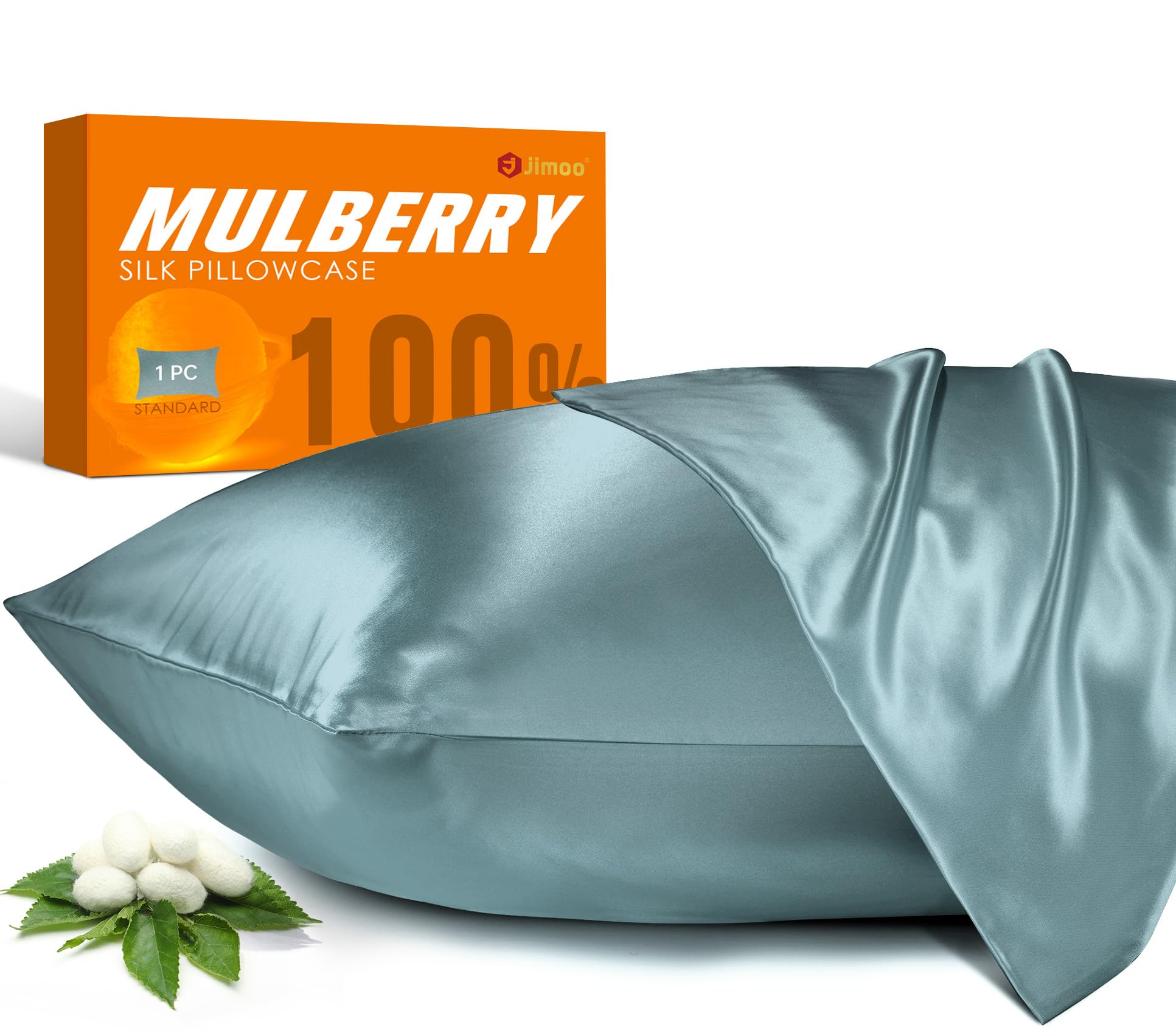 J JIMOO100% Mulberry Silk Pillowcase for Hair and Skin, 22 Momme Pure Natural Silk Pillow Case Both Sided with Zipper, Pillow Cover for Women Mom Men (Airy Blue, Queen 20''Ć30'')OEKO-TEX STANDARD 100
