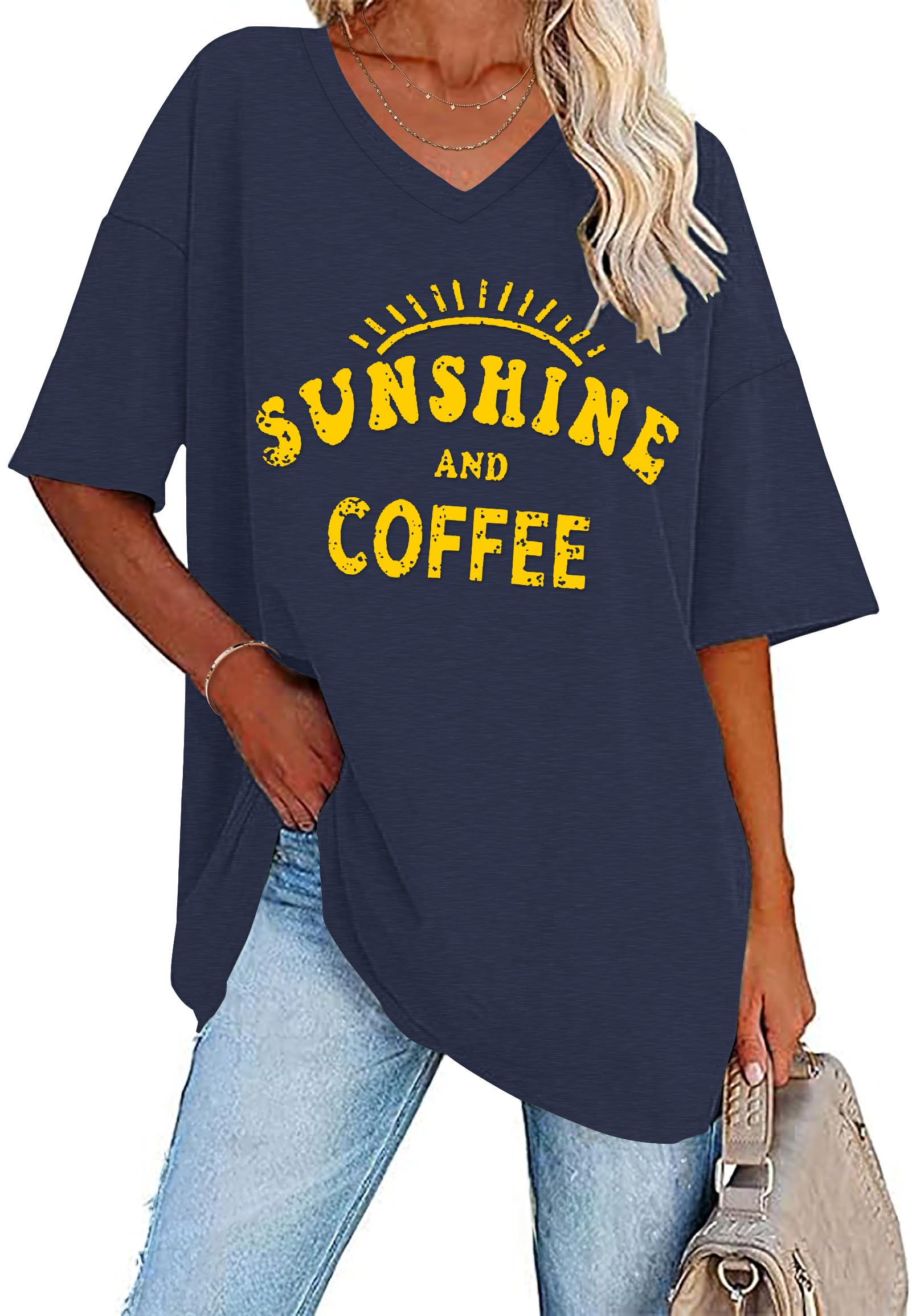 WNEEDU T-Shirt Damen Sommer Oversize Shirt Kurzarm V Ausschnitt Oberteile lässiges Top