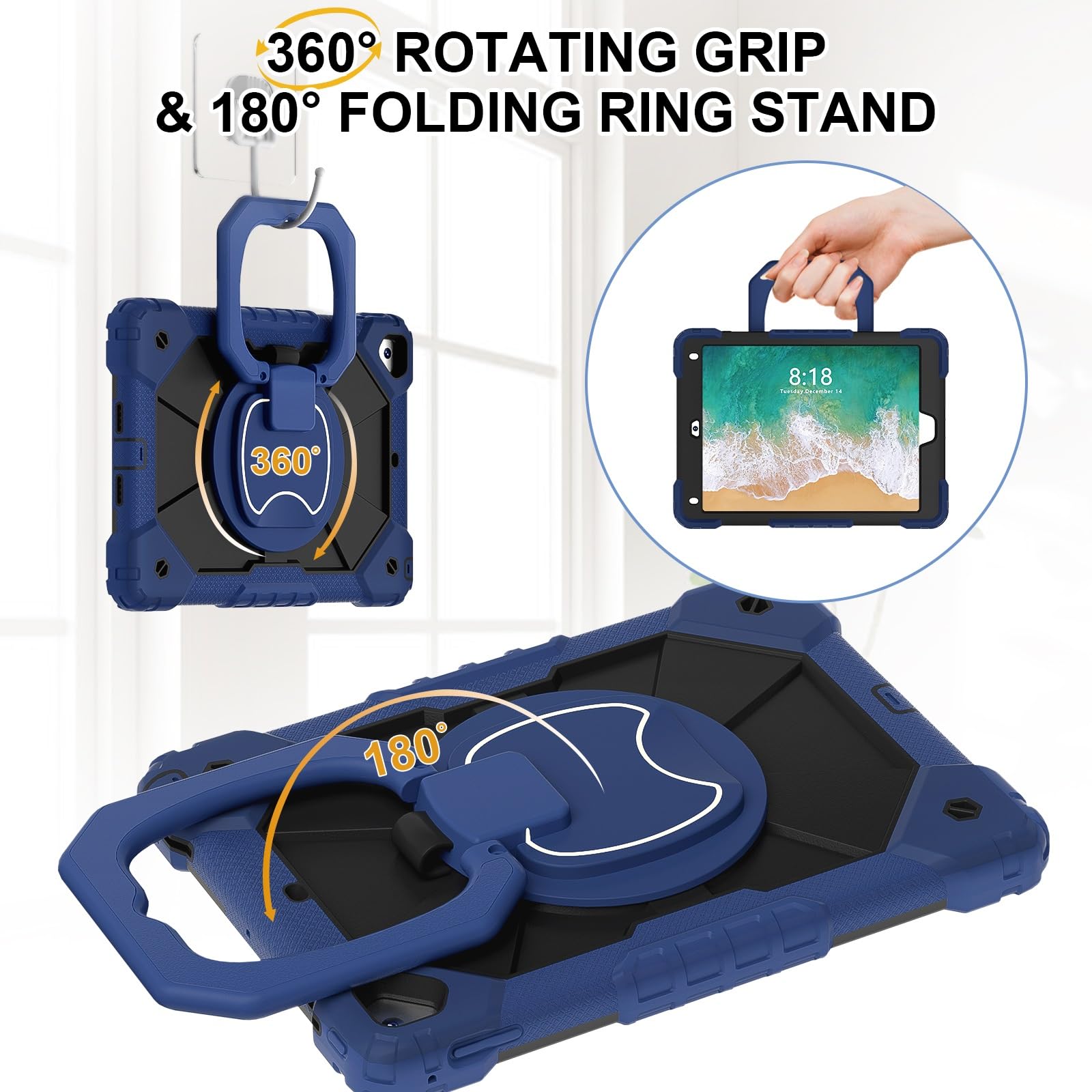 Custodia protettiva per tablet PC compatibile con iPad 6/Pro 9.7 compatibile con iPad 9.7 (2017/2018) 5°/6° robusta custodia antiurto, custodia protettiva W 360 girevole cavalletto + cinghia da polso