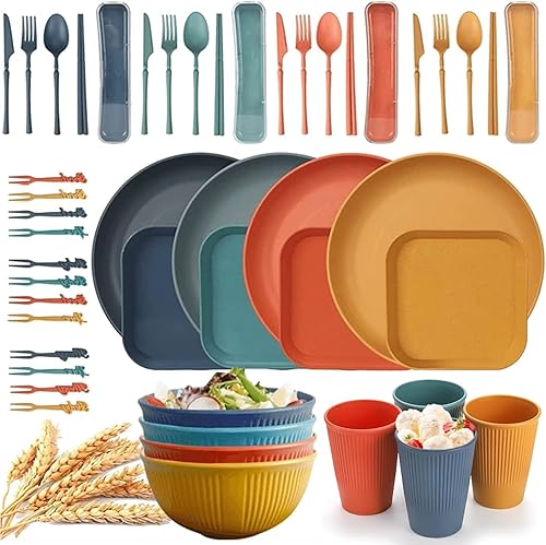 Juego de vajilla de paja de trigo, 48 piezas, platos y cuencos de plástico irrompibles, juegos de cena para 4 personas, juego de cubiertos de viaje,