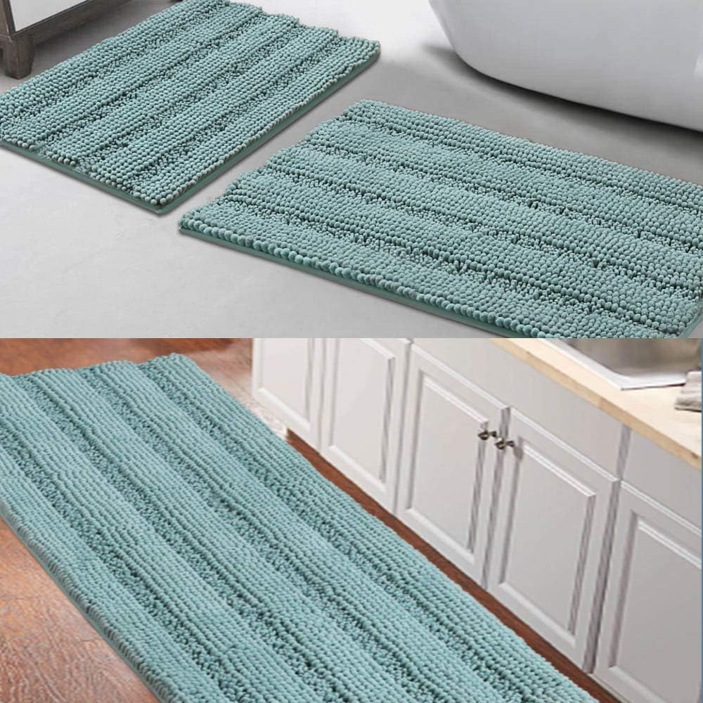 Turquoize Chenille Bath Rug Bundle Order Bath Runner 59" X 20" and Bath Rug Set 32" x 20"/17" x 24" Duck Eggshell Blue