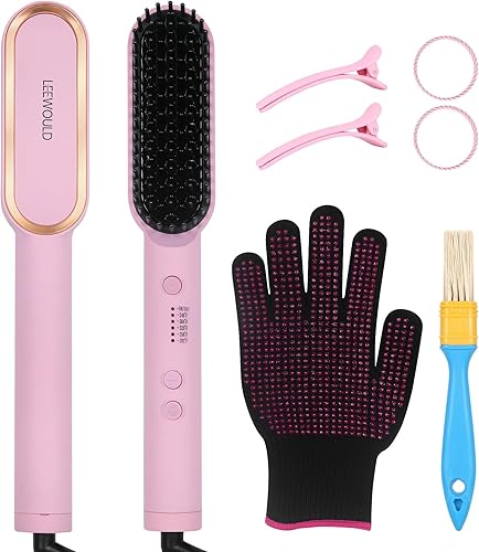 Peine caliente eléctrico, cepillo calentado, alisador de cabello para mujer, bueno para cabello grueso, control de calor, alisado efectivo, rosa