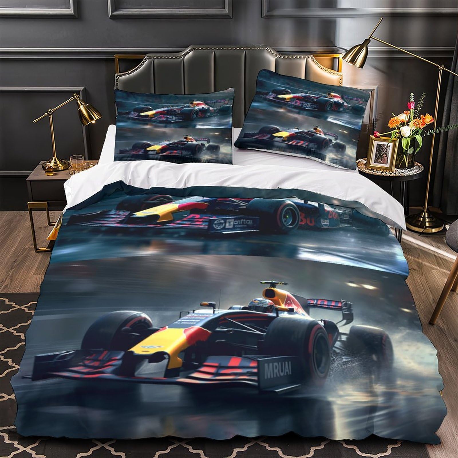 DAFUfbw Double（200x200cm） Formulaa Racing Duvet Cover With Hidden Zipper, Racing Car Bedding Set with Pillowcases, Soft Microfiber Quilt Cover Set