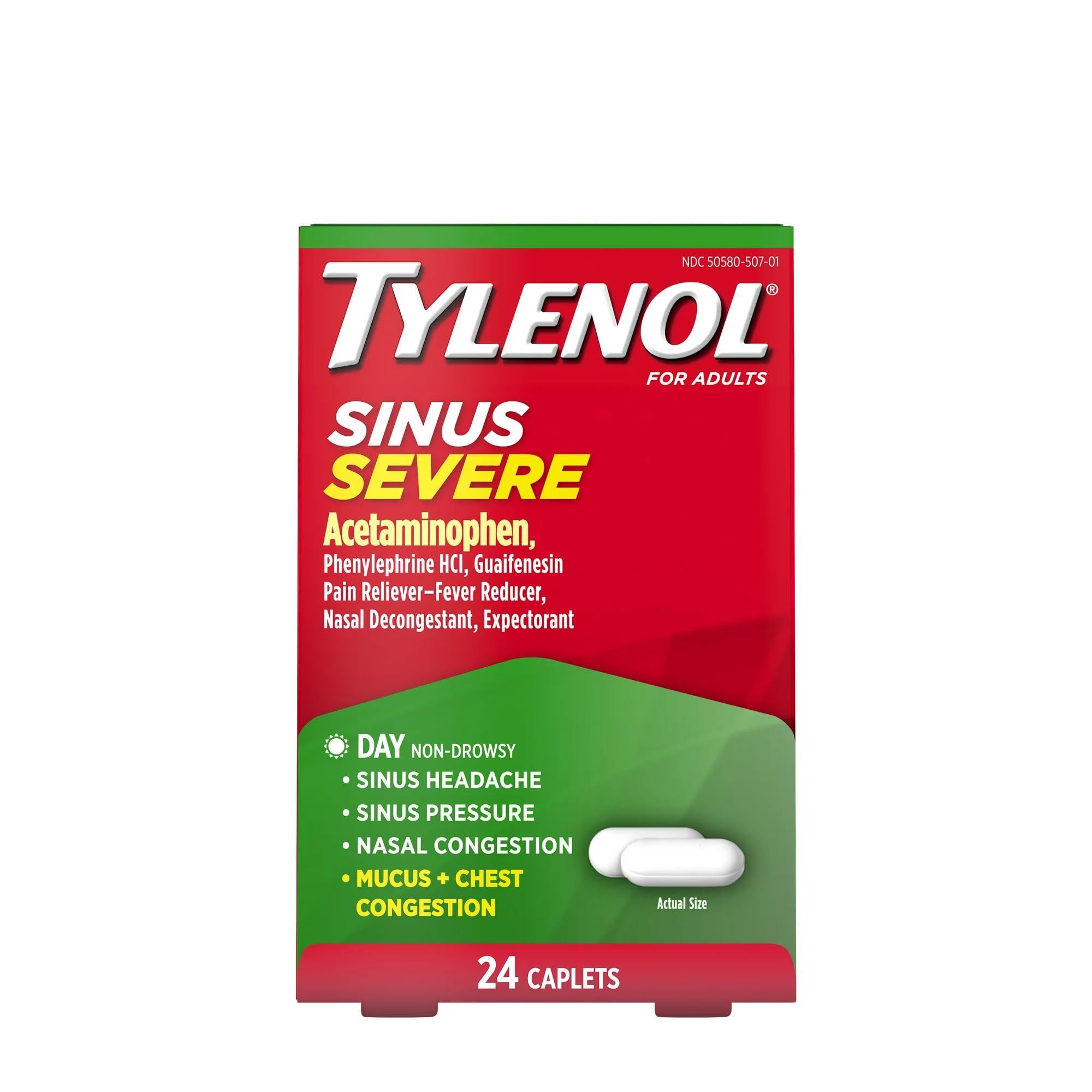 Tylenol Sinus Severe Daytime Caplets with Acetaminophen 325mg, Guaifenesin 200mg & Phenylephrine HCl 5mg, Non-Drowsy Pain Reliever, Expectorant & Nasal Decongestant, 24 ct