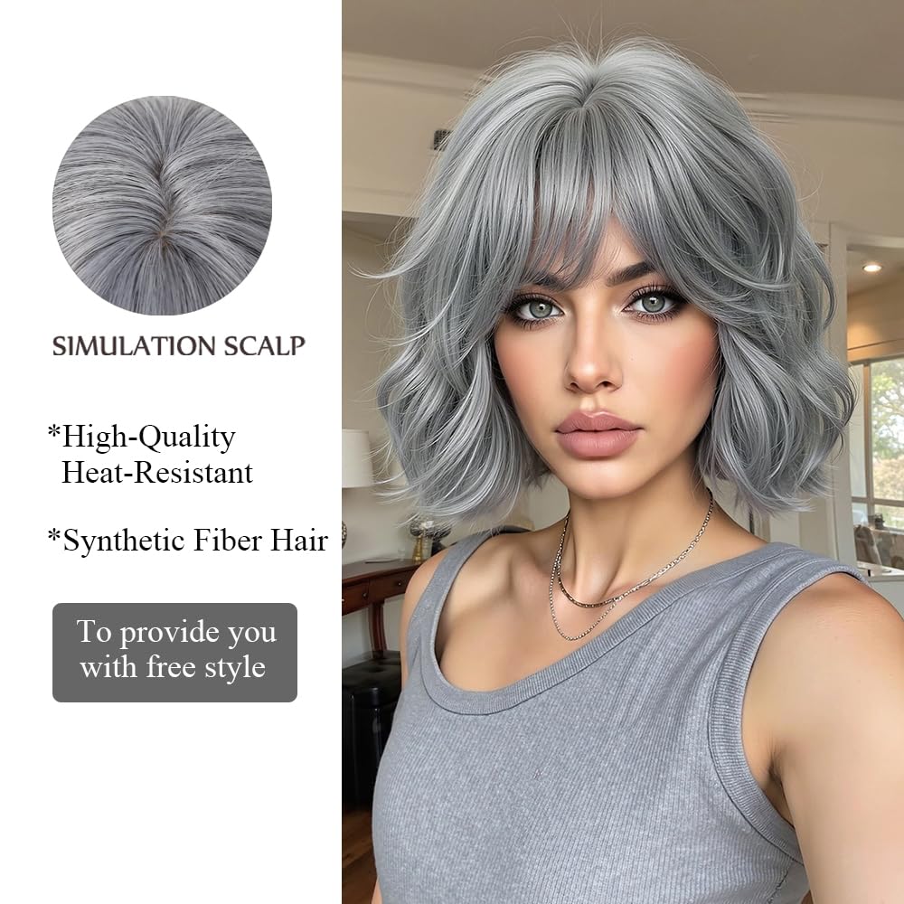 OUFEI Gray White Bob Wigs for Women Short Wavy Wig With Bangs with Dark Roots Natural Synthetic Hair Heat Resistant Wigs for Daily Party Cosplay Wear - Image 3