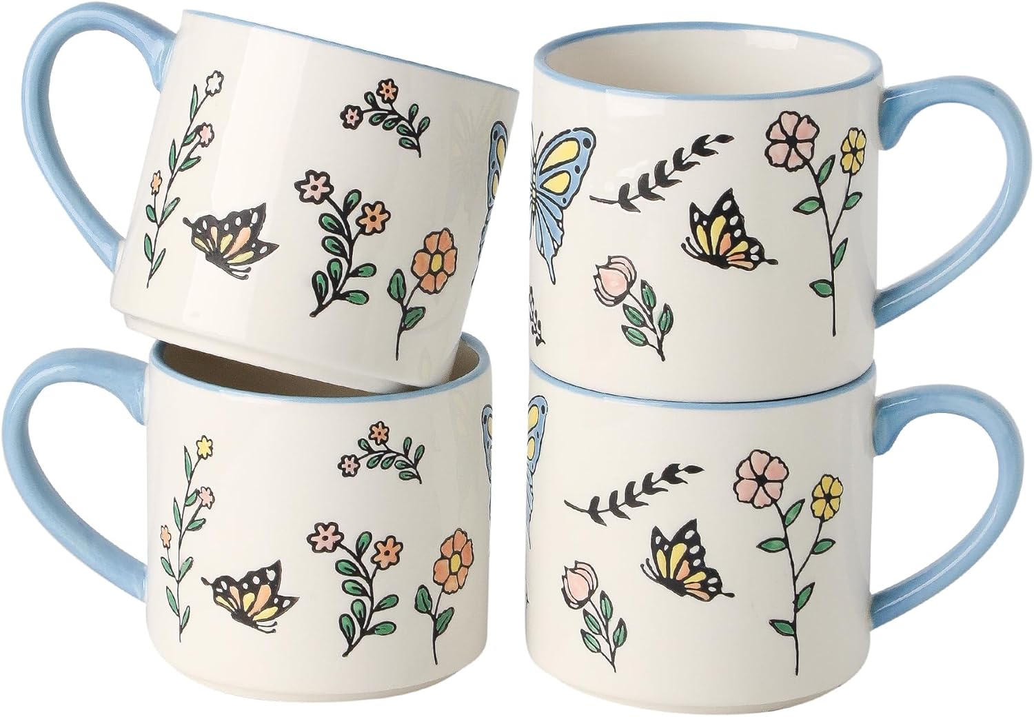 Ceramic Mug Set with Colorful Butterflies and Flowers, White and Blue Stackable Coffee Cups 15 oz, Large Porcelain Mugs for Latte, Cappuccino, Tea, Set of 4