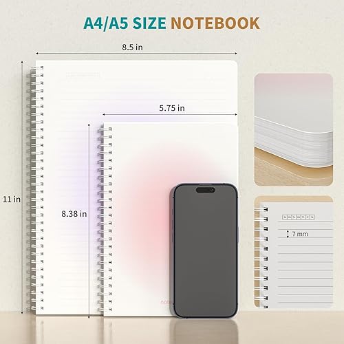 Miniatura 3 de Cuaderno de espiral A4 con rayas anchas, paquete de 4 cuadernos de 8.5 x 11 pulgadas, 140 páginas, 3.53 ozm, cuadritos rayados pequeños degradados,