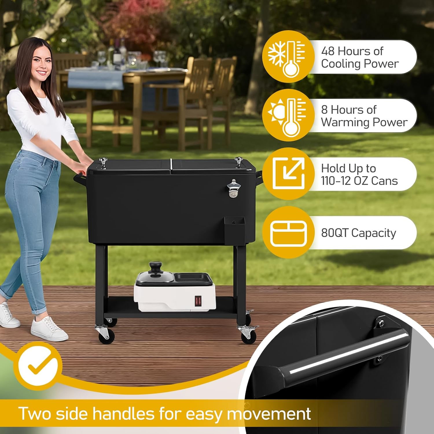 80 Quart Rolling Ice Chest,Party Cooler with Wheels and Handles,Portable Patio Party Bar Drink Cooler Cart with Shelf,Beverage Pool with Bottle Opener for Indoor Outdoor Patio