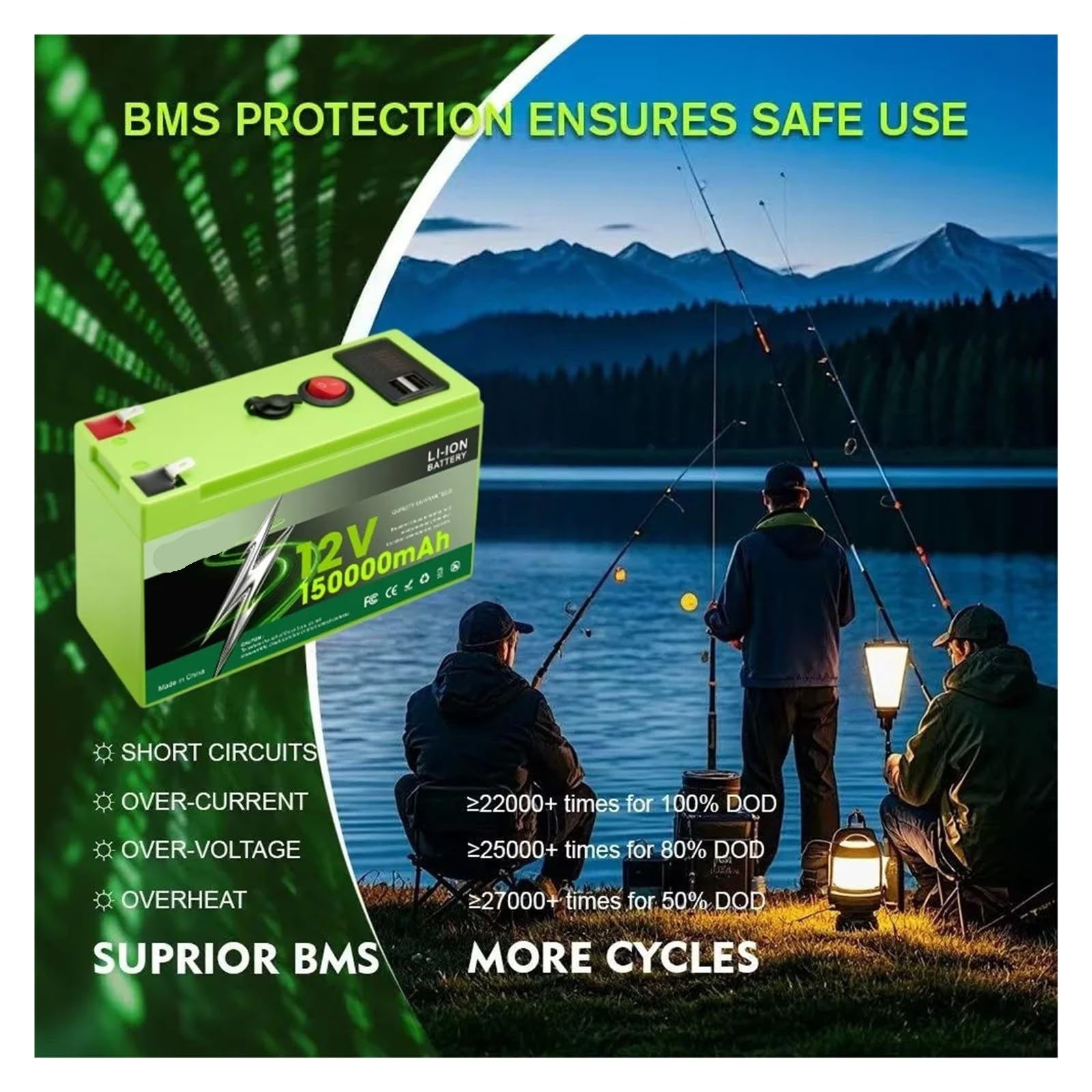 Batteria Al Litio Ferro Fosfato Da 150 Ah 12 V LiFePO4 Ad Alta Capacità | For camper, camper, energia solare esterna off-grid(150Ah x1-charger x1)