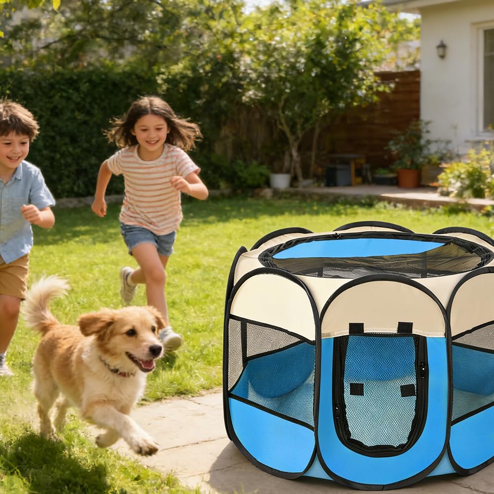 Box per cuccioli, pattina per cuccioli, 74 x 74 x 43 cm, pieghevole, per cani, gatti, cuccioli, interni ed esterni (beige-blu)