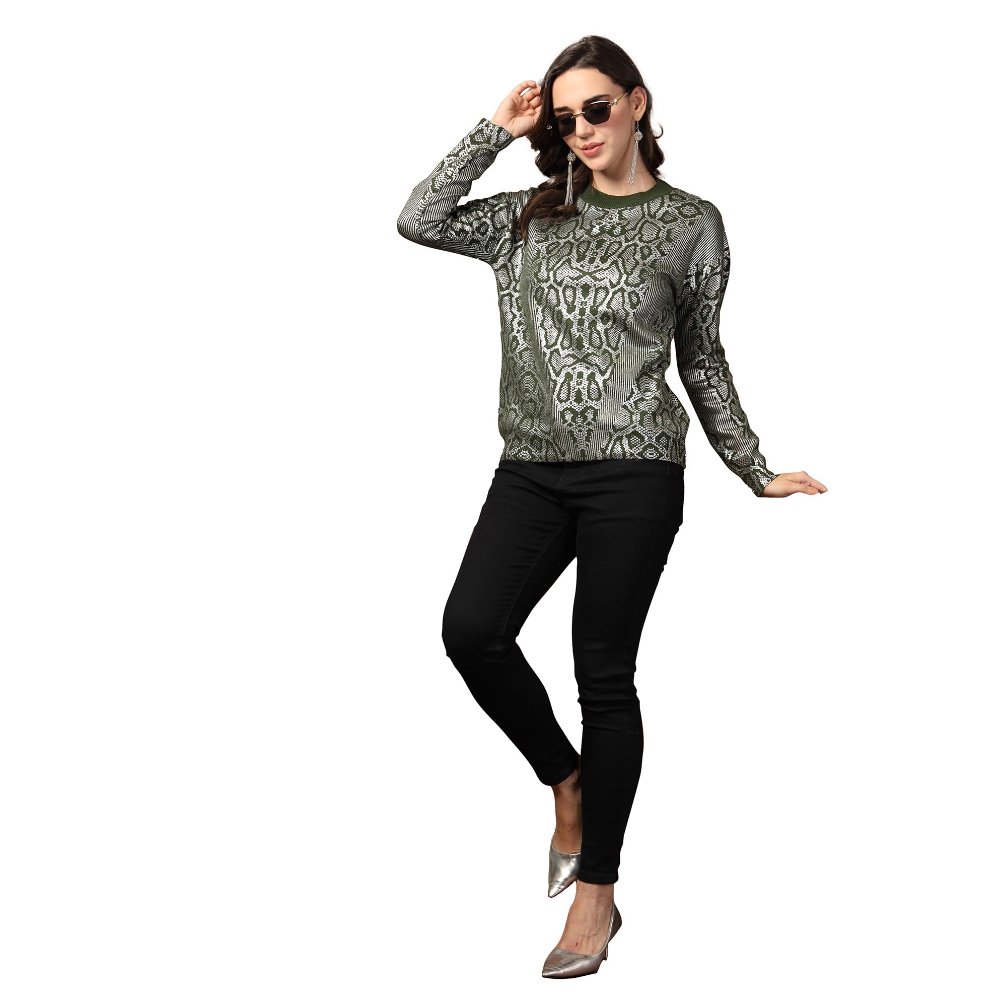 thirty threads Women Printed Woollen Pullover Olive_T5W 25201-picture-11