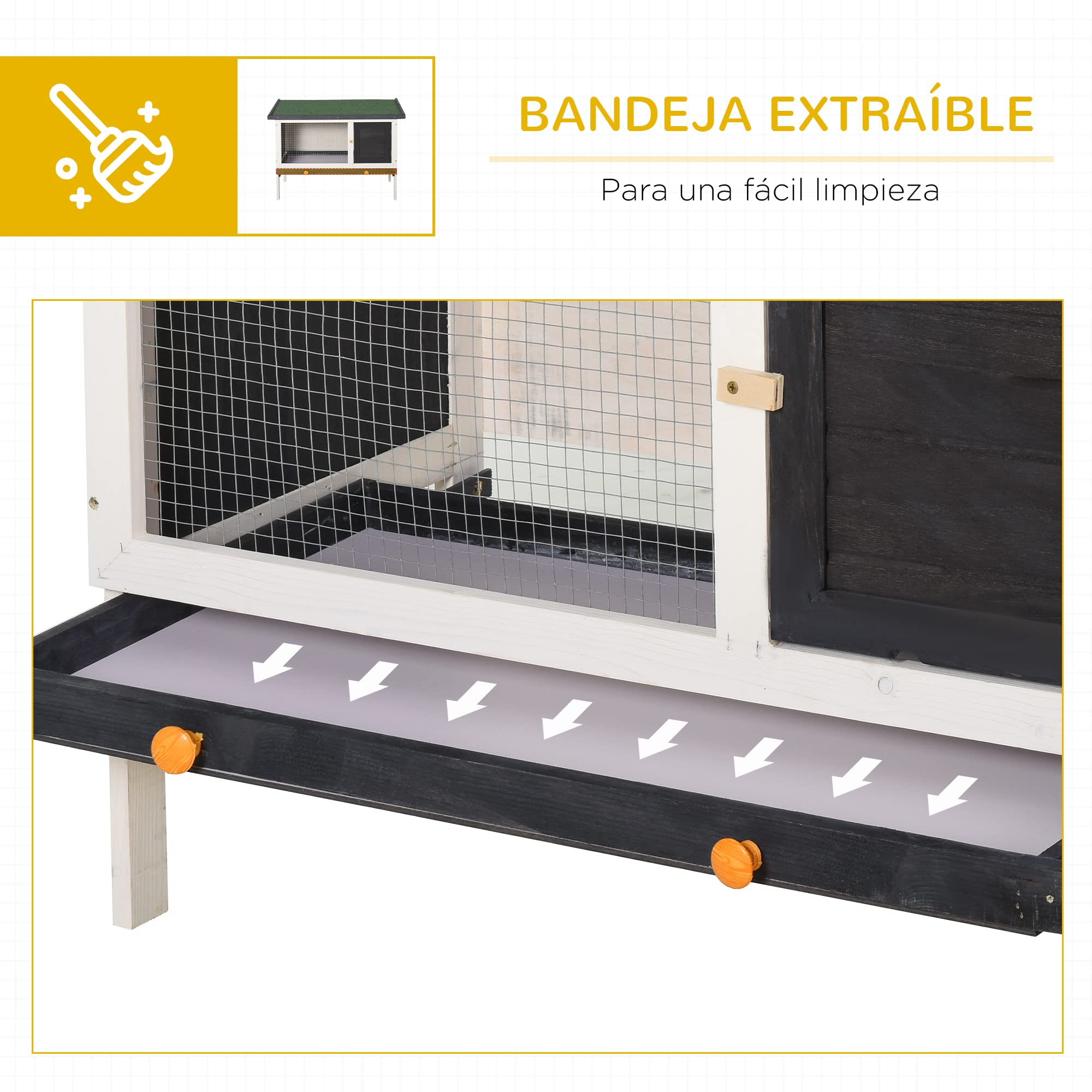 PawHut Conejera de Madera Exterior Jaula Elevada para Conejos Cobayas Animales Pequeños con Techo Asfáltico Abatible Bandejas Extraíbles y Puerta con Pestillo 90x45x65 cm Gris Oscuro