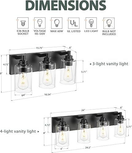 Miniatura 3 de VL143-MB-3 - Lámpara de tocador negra con pantalla cilíndrica de cristal transparente, accesorios de iluminación modernos sobre espejo, 3 luces para