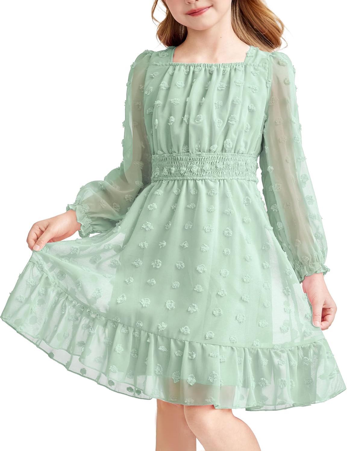 Arshiner Girls Dresses Long Sleeve Square Neck Swiss Dot Flowy Casual Party Dress