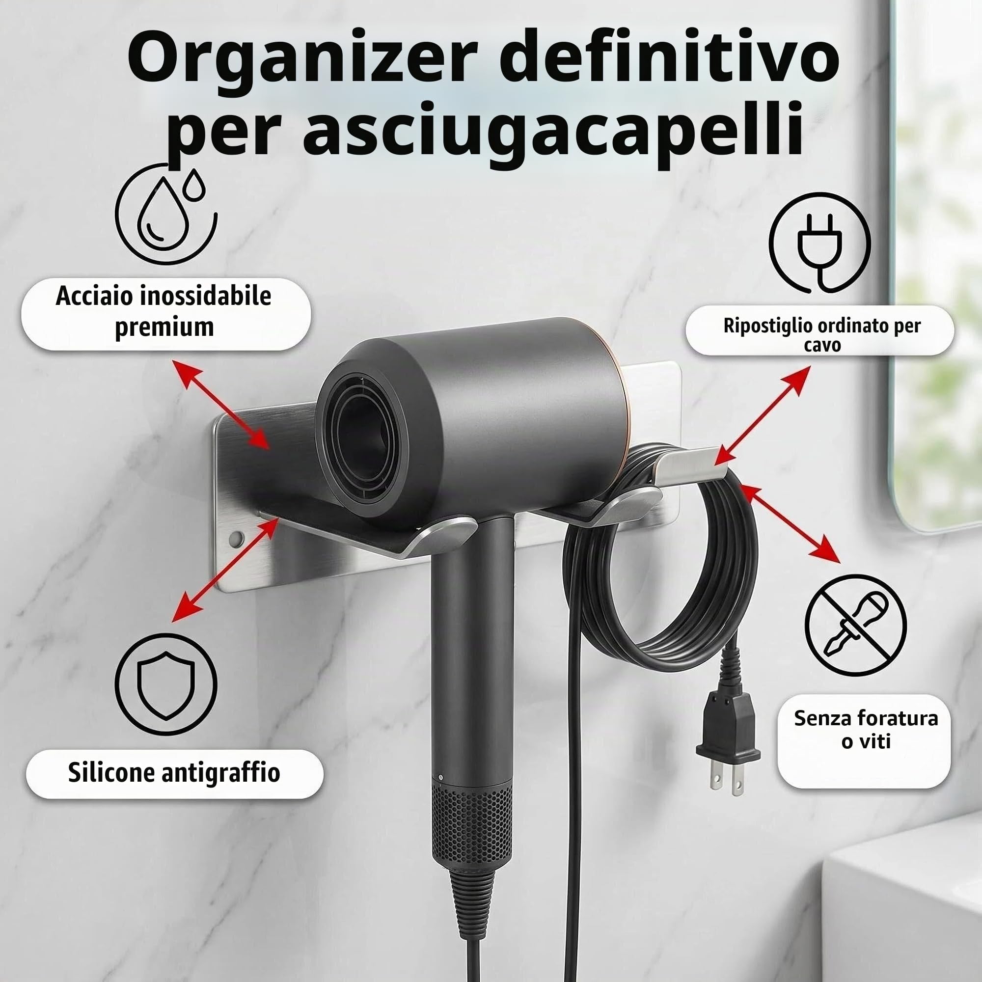 Porta Asciugacapelli a Parete Universale - Supporto per Asciugacapelli con Gancio Cavo, Organizzatore Bagno/Camera/Parrucchiere, Acciaio Inossidabile 304 Antiruggine, Design Moderno (Argento)