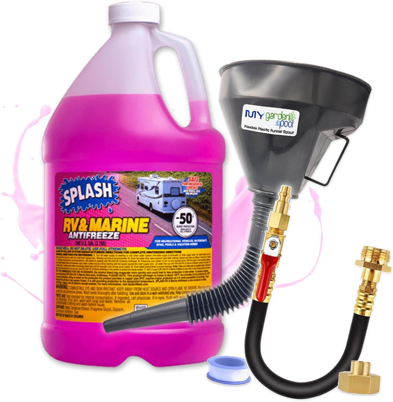 Splash RV & Marine -50°F Antifreeze Set Flexible Plastic Funnel Spout and Sprinkler Blowout Adapter, Shut Off Valve - for Winterizing RV, Camper, Boat, Motorhome Systems (1)
