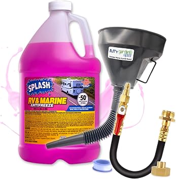 Splash RV & Marine -50F Antifreeze Set Flexible Plastic Funnel Spout and Sprinkler Blowout Adapter, Shut Off Valve - for Winterizing RV, Camper, Boat, Motorhome Systems 1